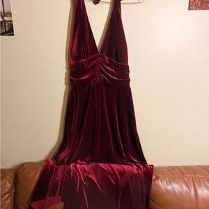 Robbie Bee Deep Burgundy Velvet Halter Maxi Dress
